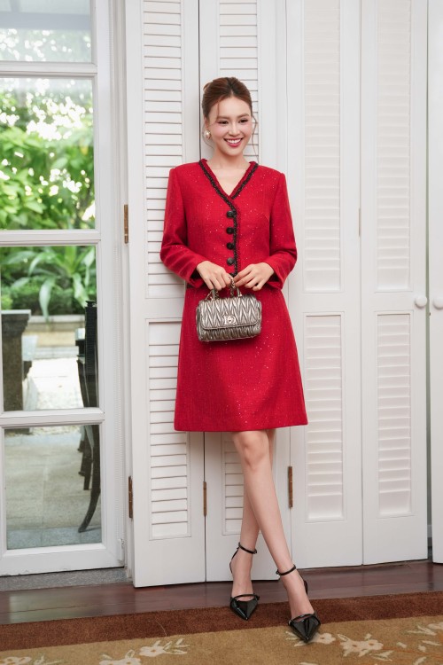 Sixdo Red Tweed Flared Dress